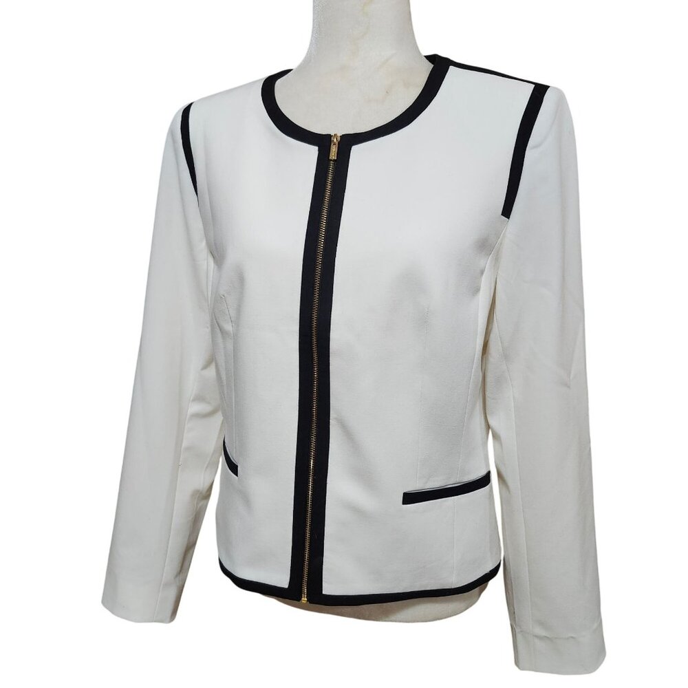 Calvin Calvin Klein Women’s 10 Zip Front Piqué Jacket White Black Gold Hardware